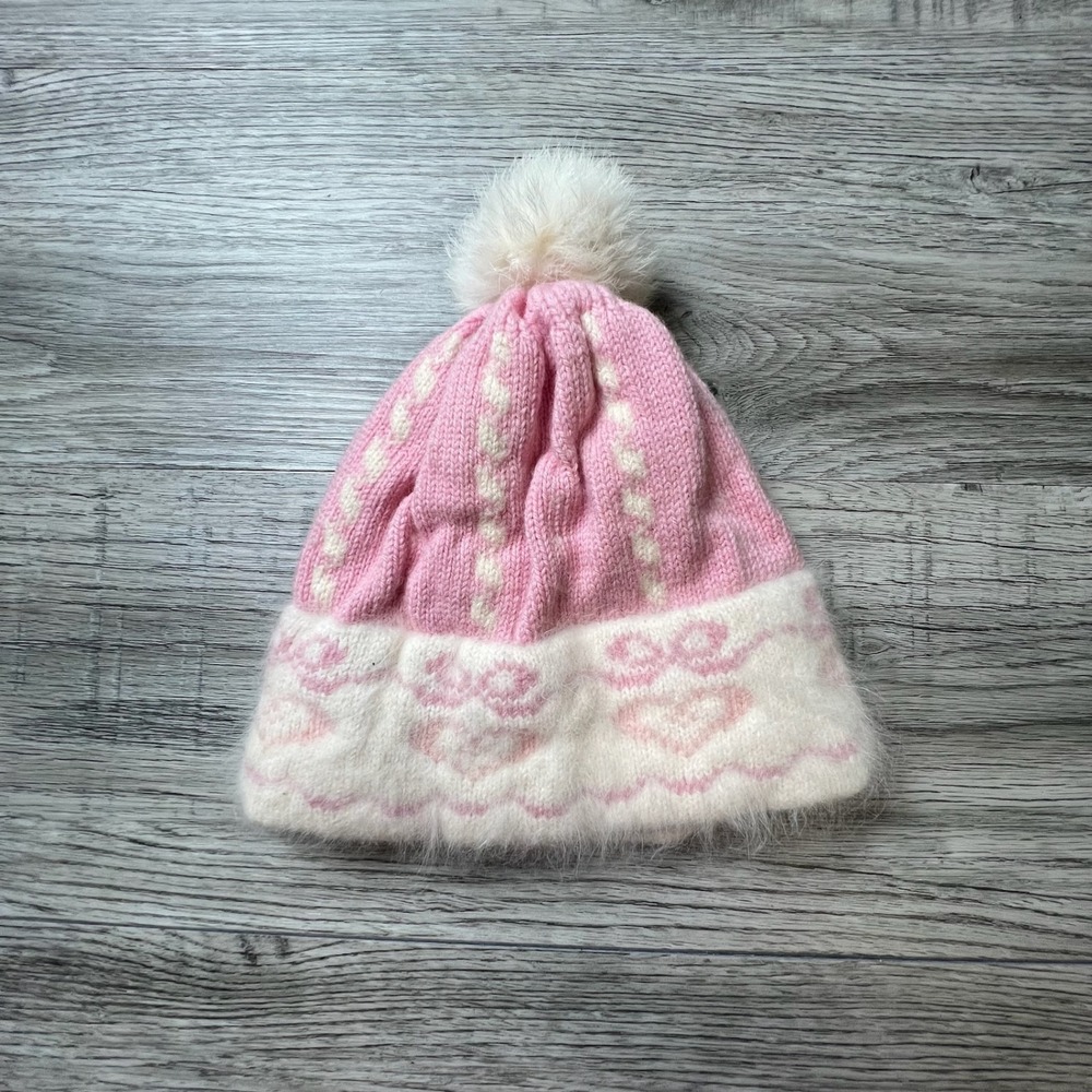 Mountain Ladies & Ewe Beanie Womens OS Pink Heart Angora Wool Pom Pom Handmade